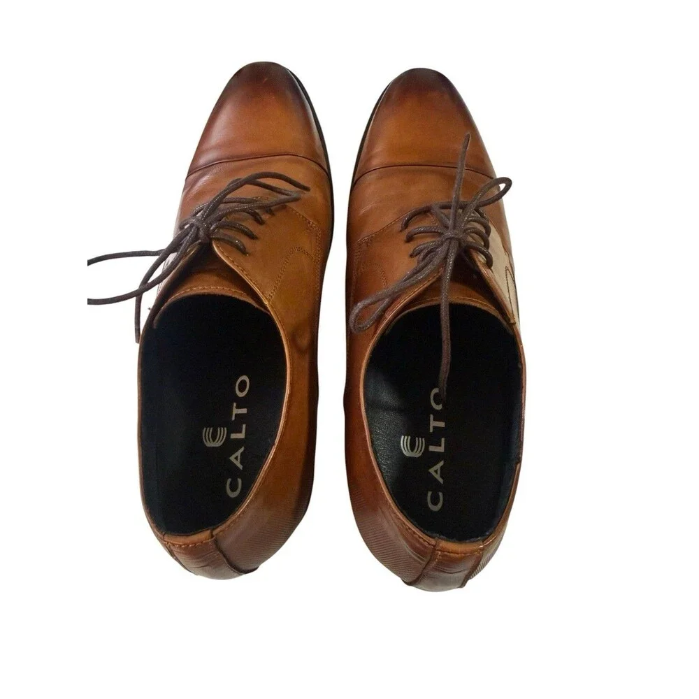Calto Brown Leather Cap Toe Elevator Dress Shoes Men’s US 10 Height Oxfords